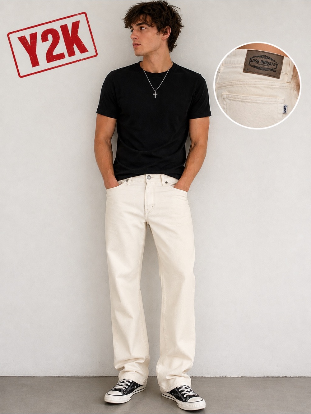 Y2K GAS Industry Cream Straight Leg Jeans Men’s 36x34 Snap Fly Vintage Denim